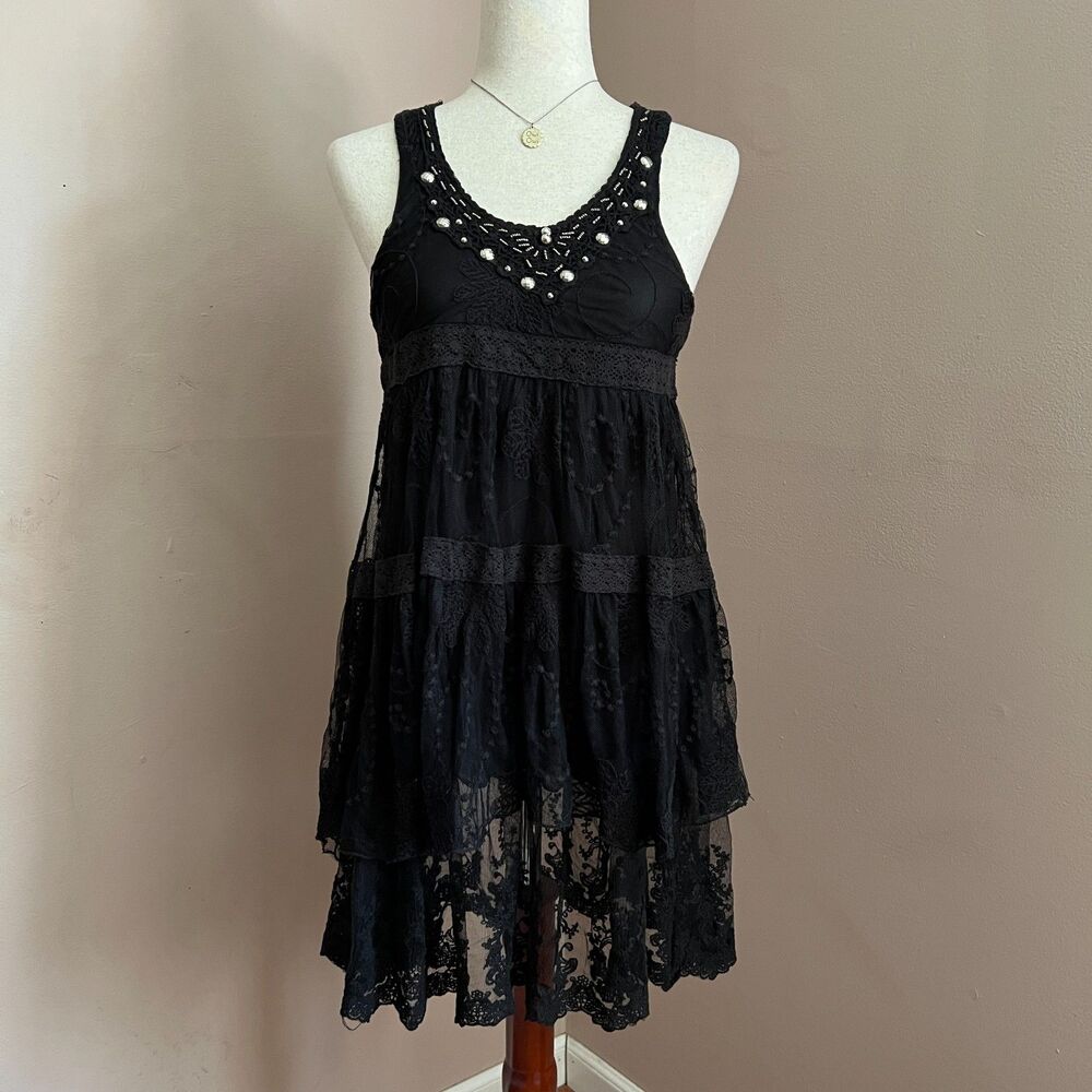 Whimsygoth Style‎ Black Lace Tiered Dress Embellished Sleeveless Fairy Goth M